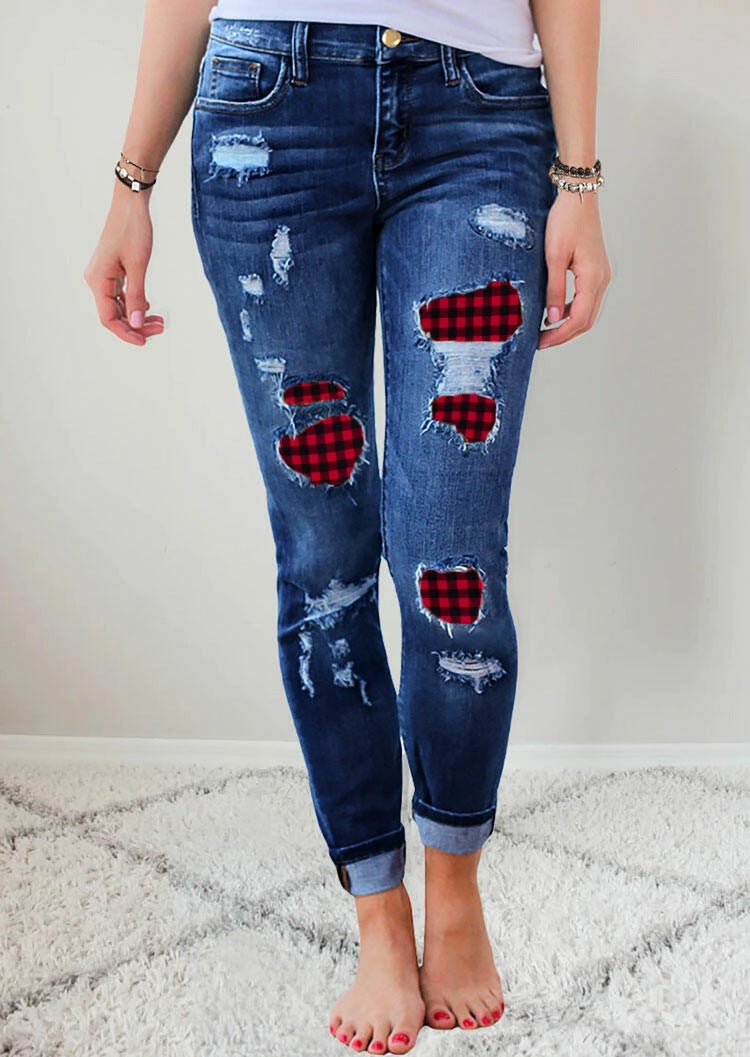 Printed Denim Stretch Pants With Holes