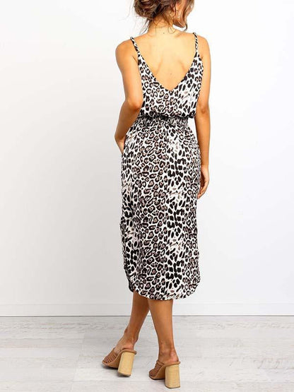 Amsoin Leopard Slit Dress With Pocket