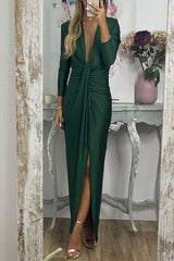 Amsoin Deep V Neck Ruched Slit Maxi Bodycon Dress