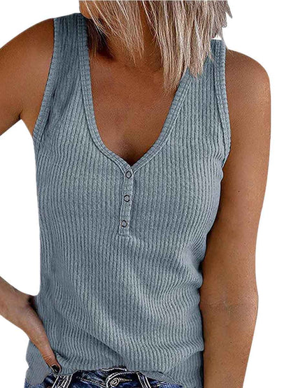 Amsoin Buttons Vest Solid Color V-neck Tops