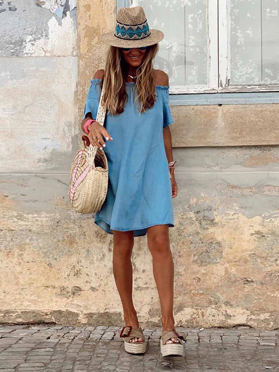 Amsoin Ruffled Sleeve Denim Dress