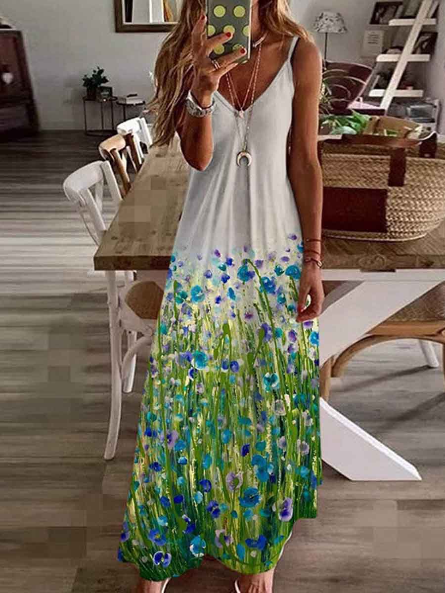 Amsoin Flower Print Sling Dress