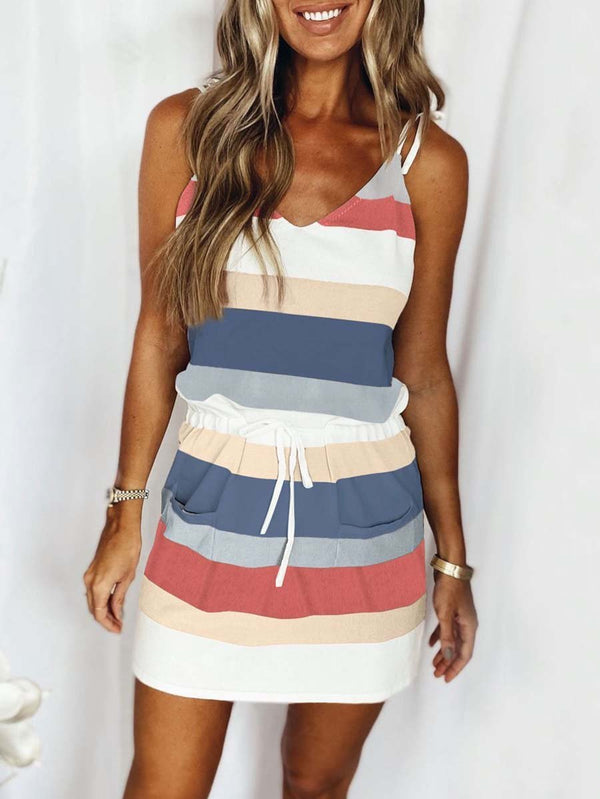 Amsoin Drawstring Colorful Sling Dress