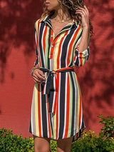 Amsoin Chiffon Striped Belt Shirt Dress