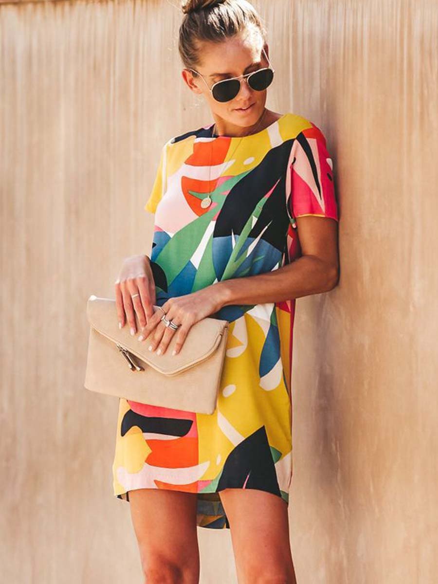 Amsoin Colorful Print Round Neck Dress