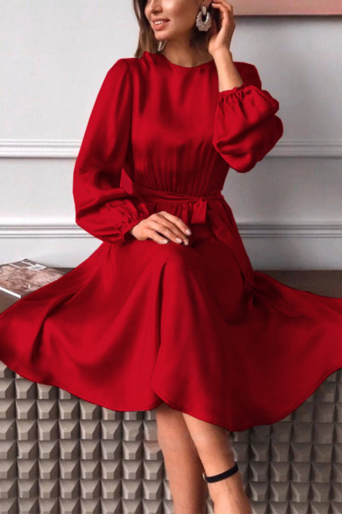 Amsoin Lantern Sleeve Tie Waist Swing Satin Dress