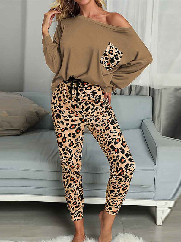 Amsoin Leopard Pocket Off-shoulder Two Sets