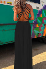 Amsoin Solid Criss Cross Backless Maxi Cami Dress