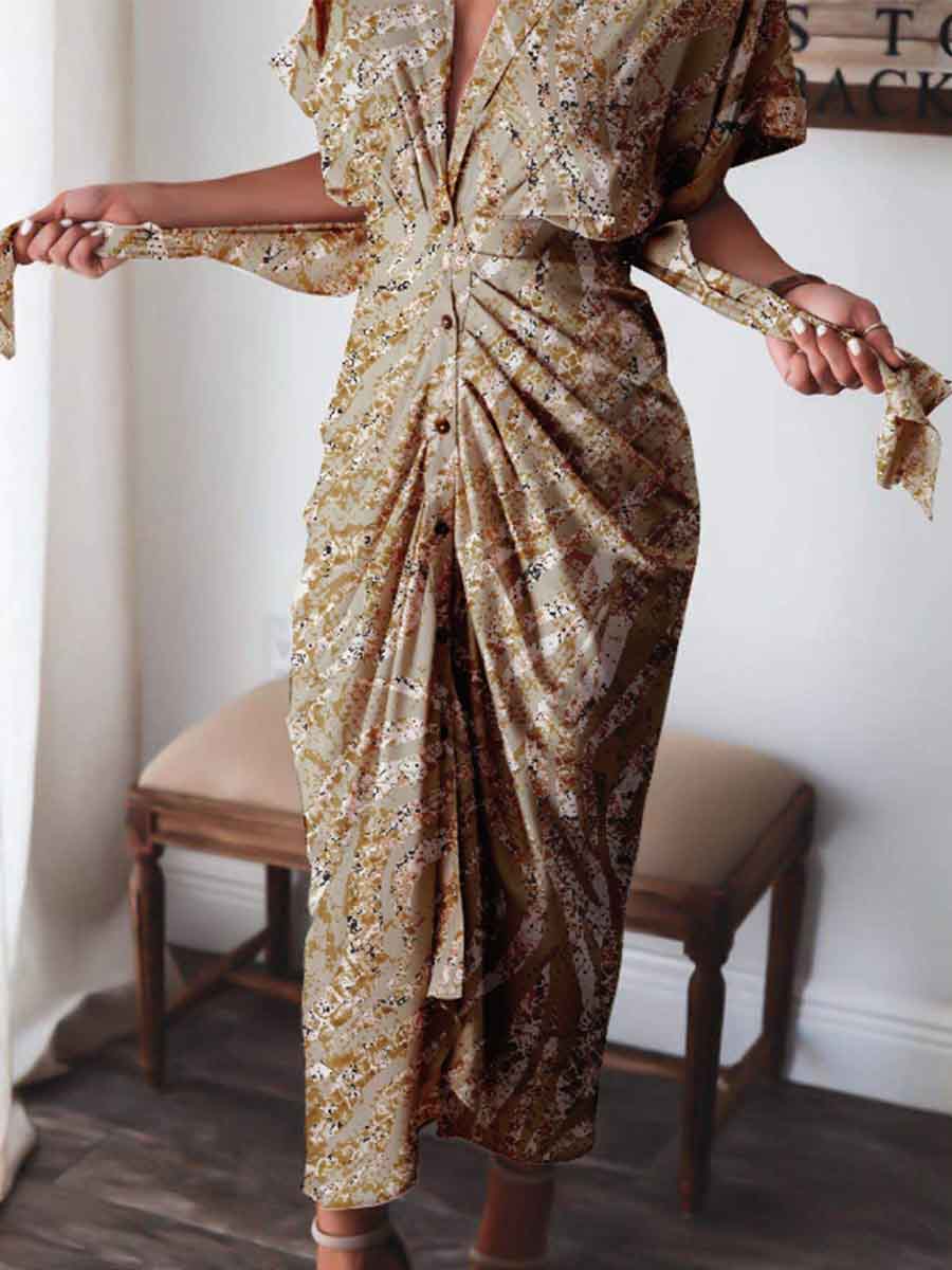 Amsoin Print High Waist Belt Dress