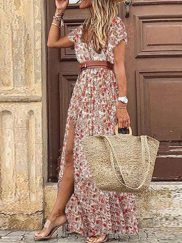 Amsoin Boho Style V-neck Floral Dress