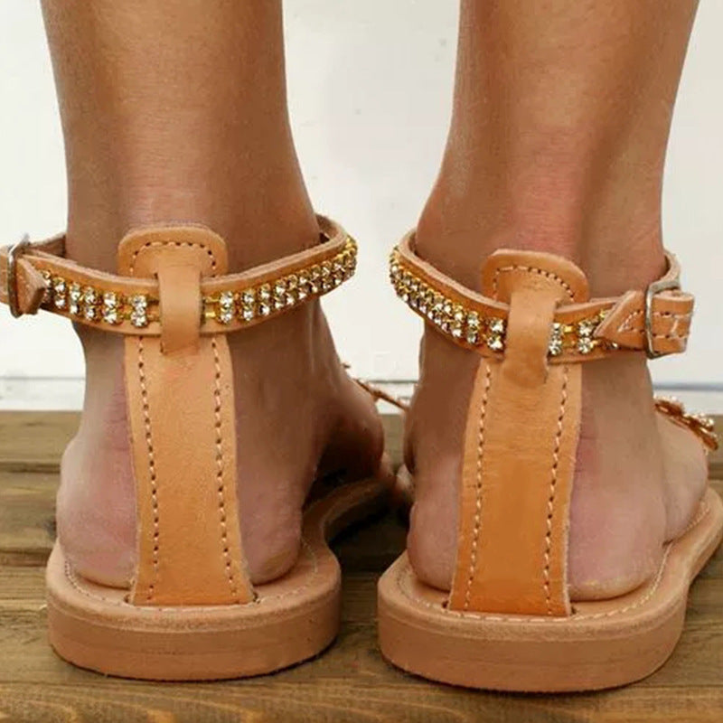 Amsoin Buckle Strap Fashion Rhinestone Flat Sandals