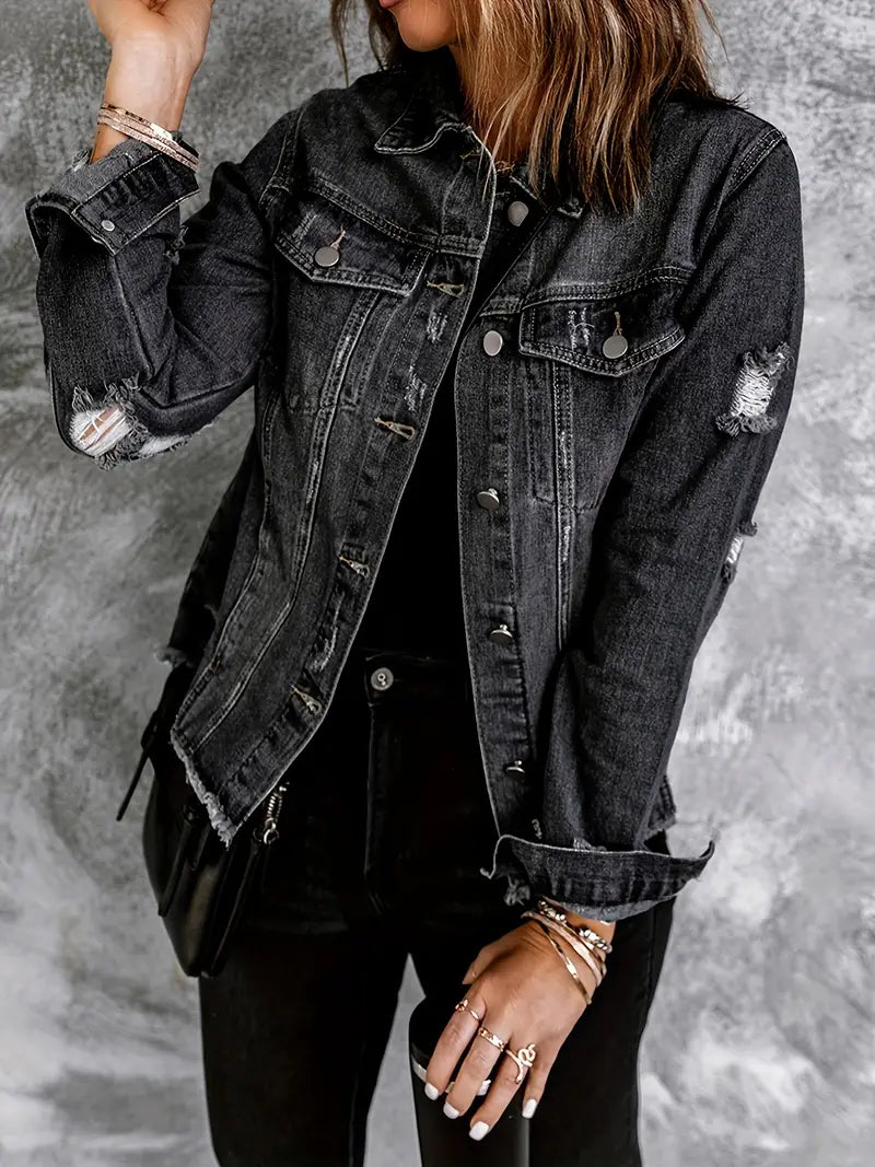 Jackets - Vintage Ripped Raw Hem Flap Pockets Long Sleeve Denim Jacket - MsDressly