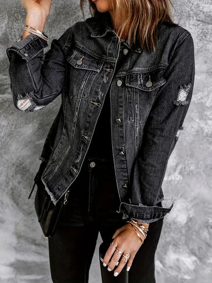 Jackets - Vintage Ripped Raw Hem Flap Pockets Long Sleeve Denim Jacket - MsDressly
