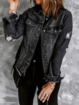 Jackets - Vintage Ripped Raw Hem Flap Pockets Long Sleeve Denim Jacket - MsDressly