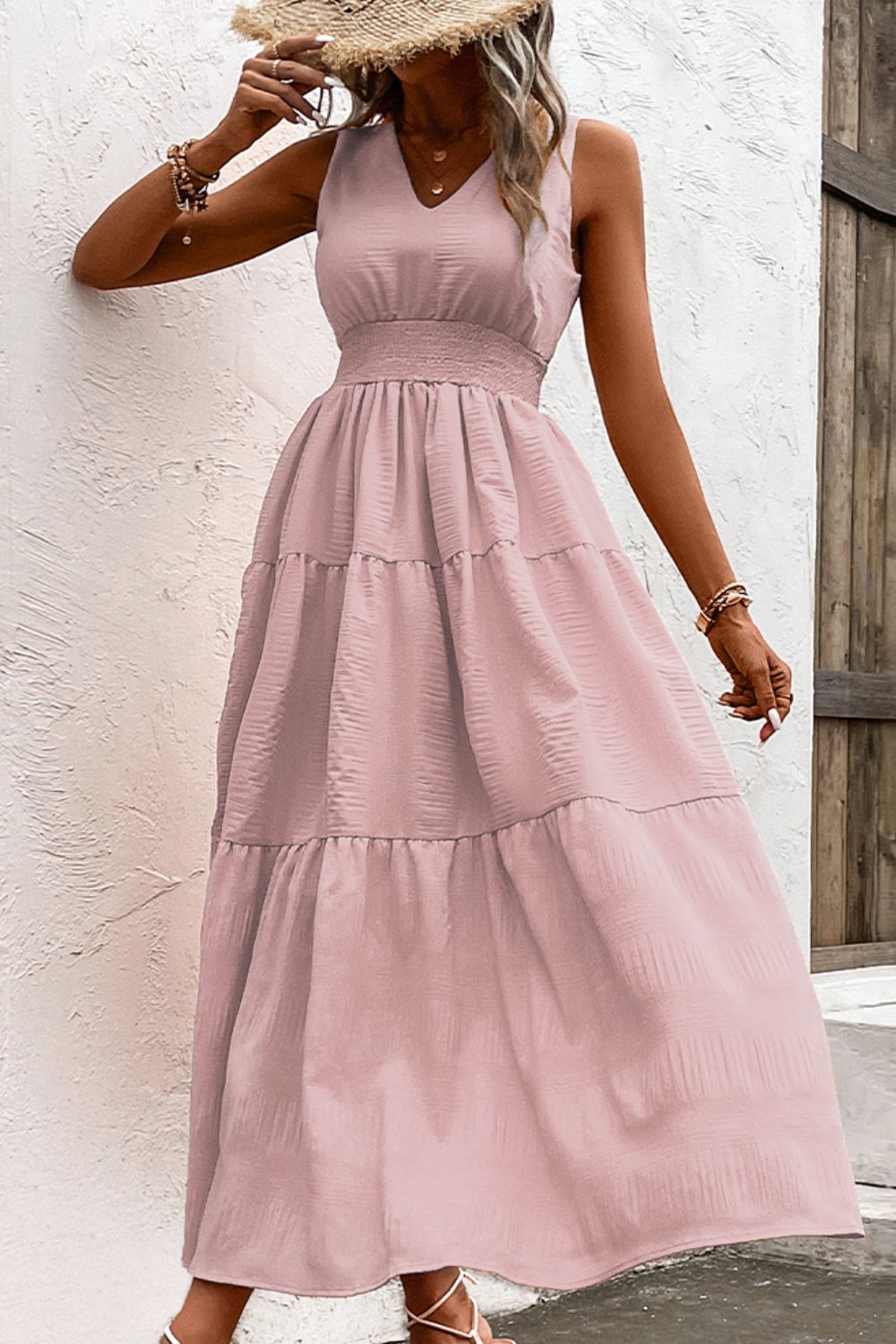 Amsoin V Neck Smocked Waist Sleeveless Tiered Dress