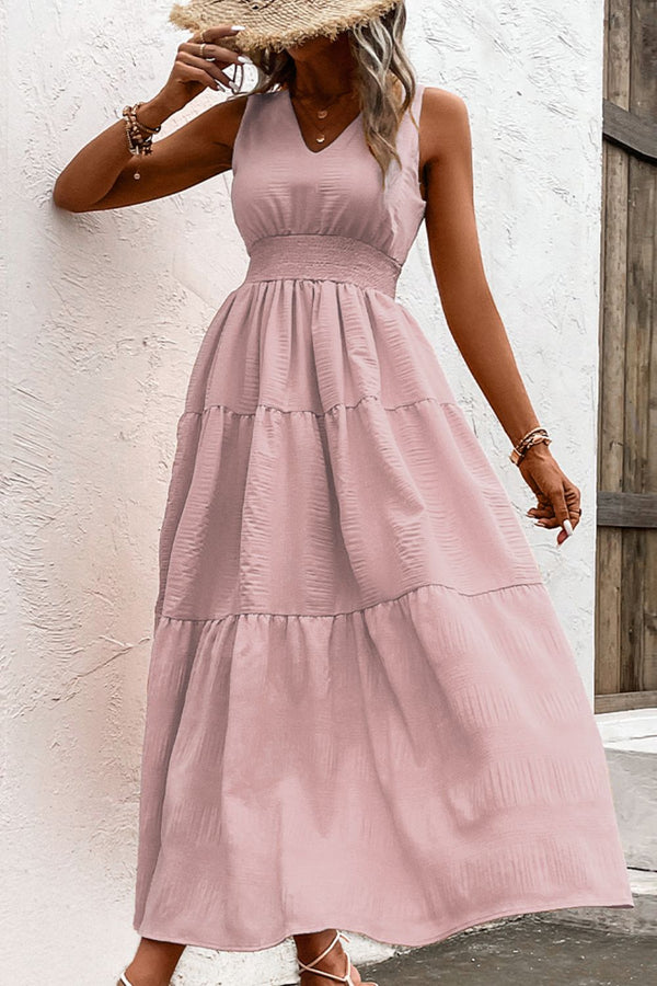 Amsoin V Neck Smocked Waist Sleeveless Tiered Dress