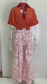 Amsoin Crop Top & Printed Wide-Leg Pants Two-Piece Set