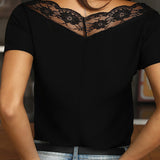 Amsoin V-neck Lace Stitching Short Sleeve T-shirt