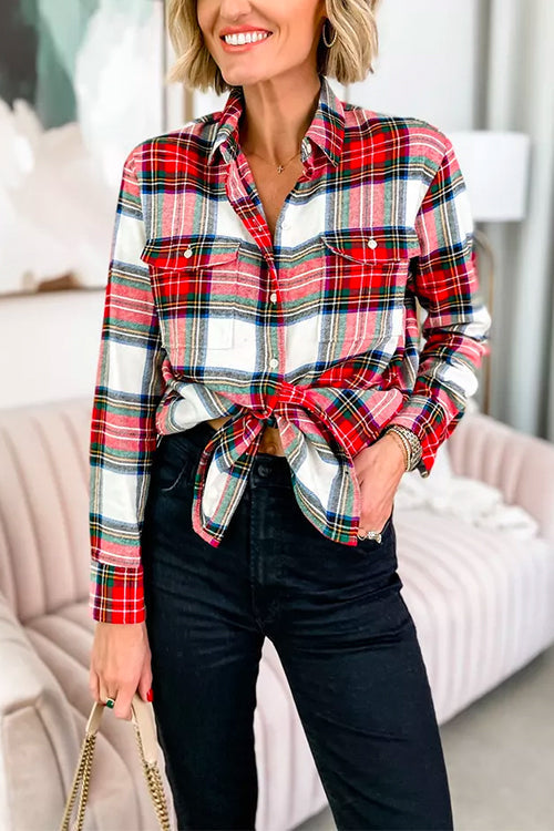 Long Sleeves Button Down Plaid Blouse Shirt