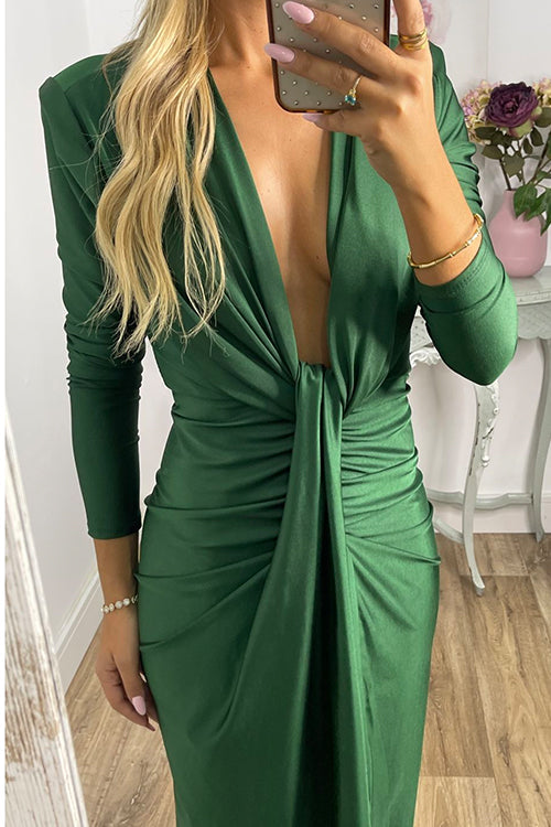 Amsoin Deep V Neck Ruched Slit Maxi Bodycon Dress