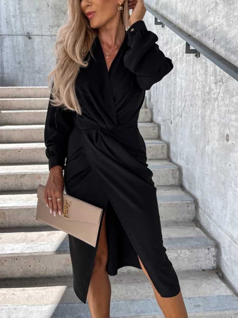 Amsoin Solid Fold V Neck Long Sleeve Dresses