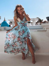 Amsoin Printed Chiffon Sleeveless Slit Dress