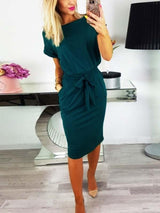 Amsoin O Neck Midi Dress With Belt