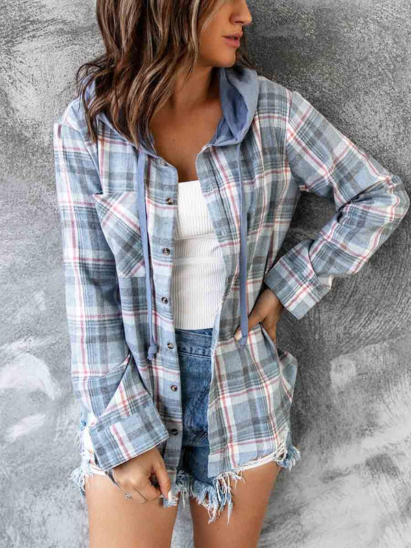 Amsoin Loose Hooded Plaid Tops