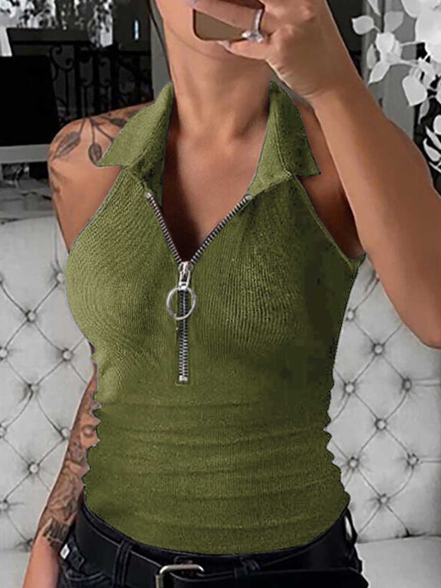 Sexy Street Solid Zipper Halter Tops(6 Colors)