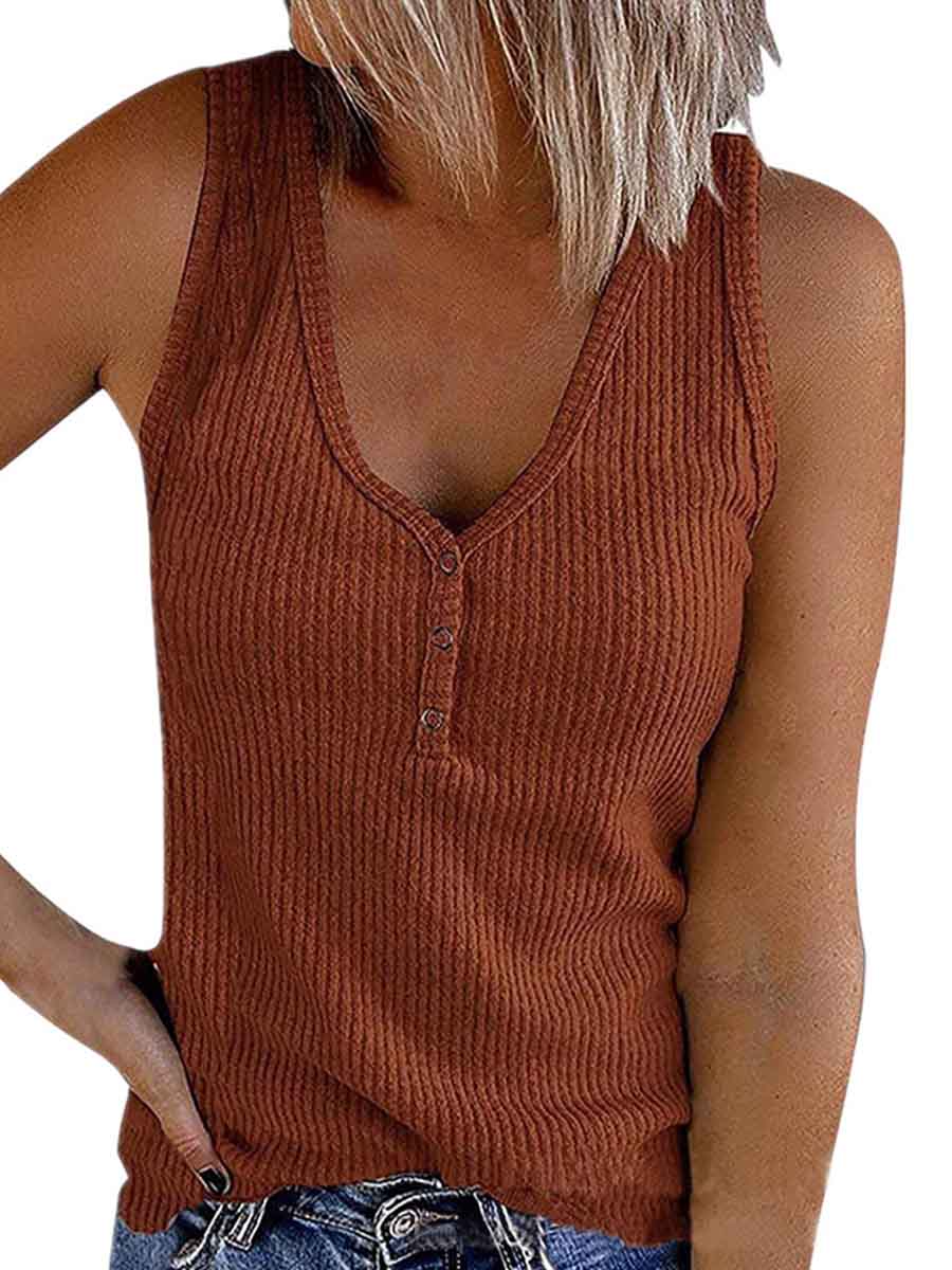 Amsoin Buttons Vest Solid Color V-neck Tops