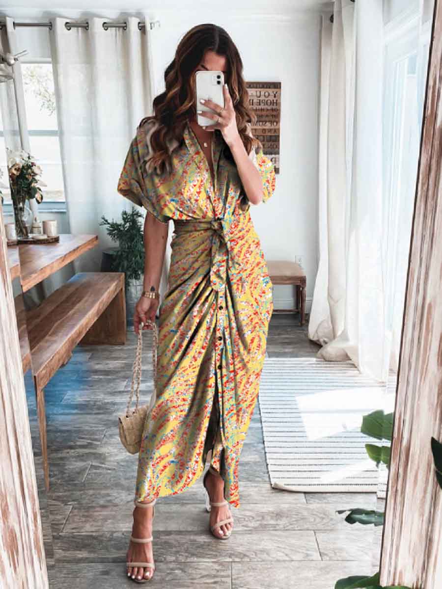 Amsoin Print High Waist Belt Dress