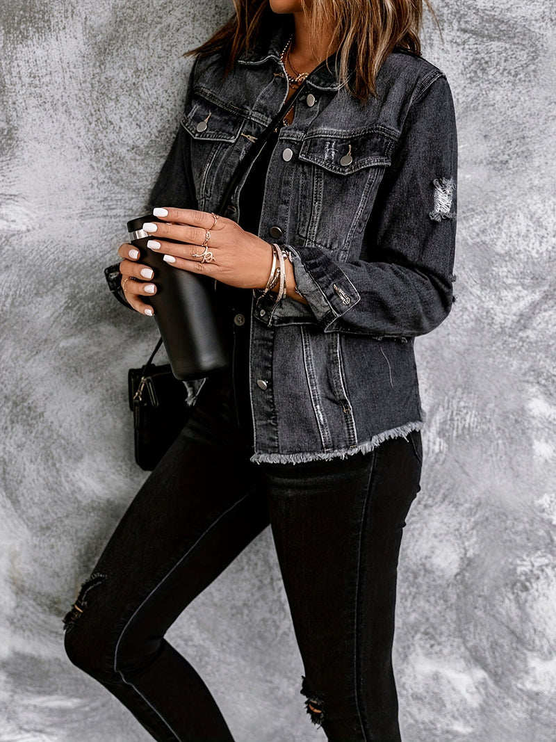 Jackets - Vintage Ripped Raw Hem Flap Pockets Long Sleeve Denim Jacket - MsDressly