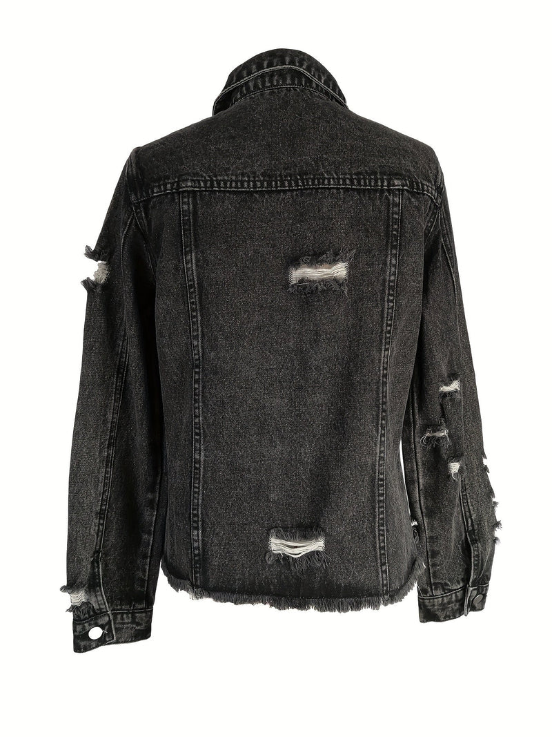 Jackets - Vintage Ripped Raw Hem Flap Pockets Long Sleeve Denim Jacket - MsDressly