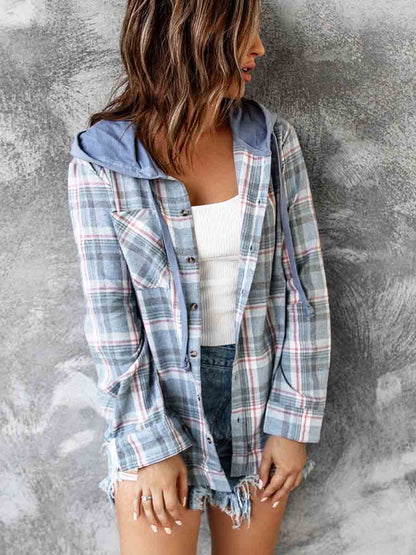 Amsoin Loose Hooded Plaid Tops