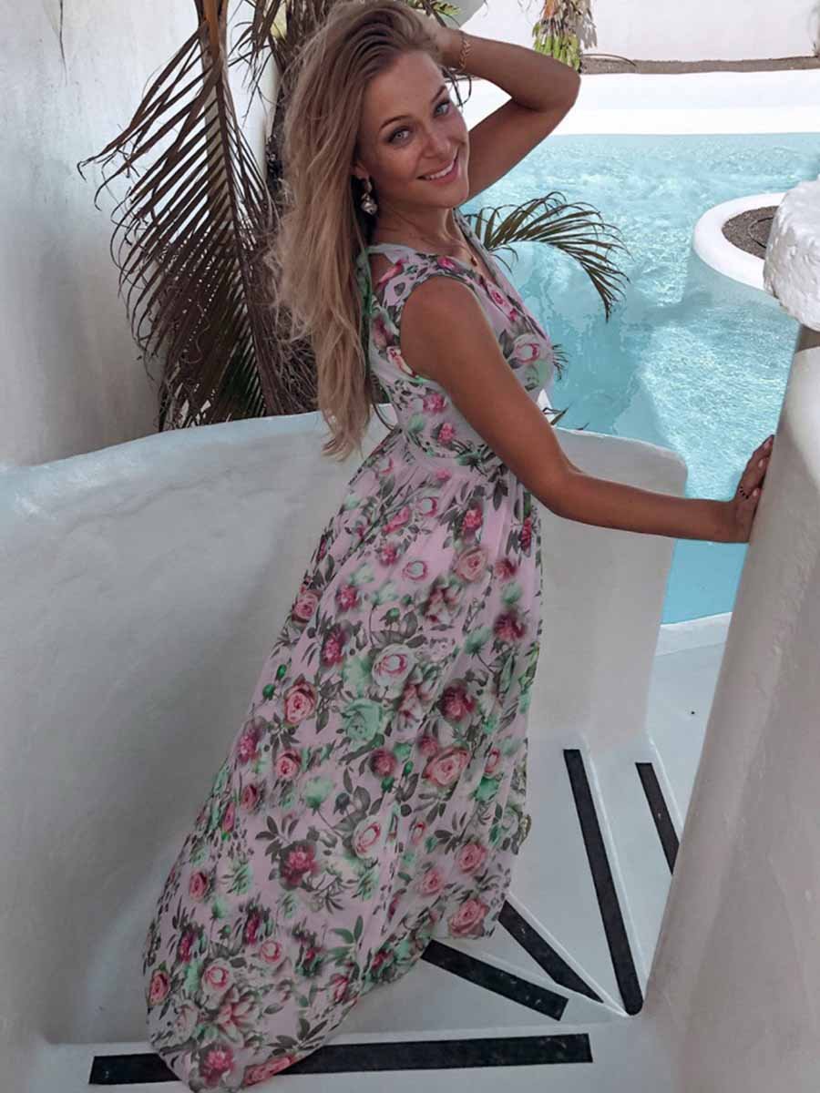 Amsoin Printed Chiffon Sleeveless Slit Dress