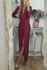 Amsoin Deep V Neck Ruched Slit Maxi Bodycon Dress