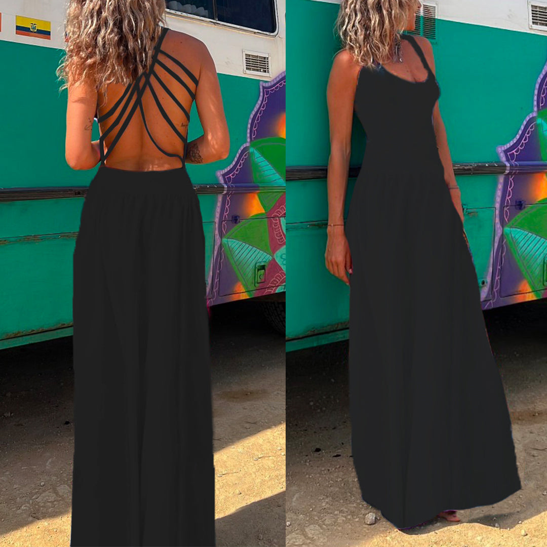 Amsoin Solid Criss Cross Backless Maxi Cami Dress