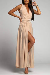 Amsoin V Neck Sleeveless Back Criss Cross High Slit Maxi Party Dress