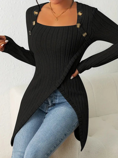 T-Shirts - Casual Ribbed Button Decor Asymmetrical Hem Long Sleeve T-Shirt - MsDressly