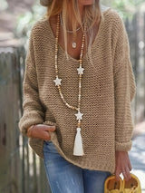 Sweaters - Casual Solid V-Neck Long Sleeve Knitted Pullover Sweater - MsDressly