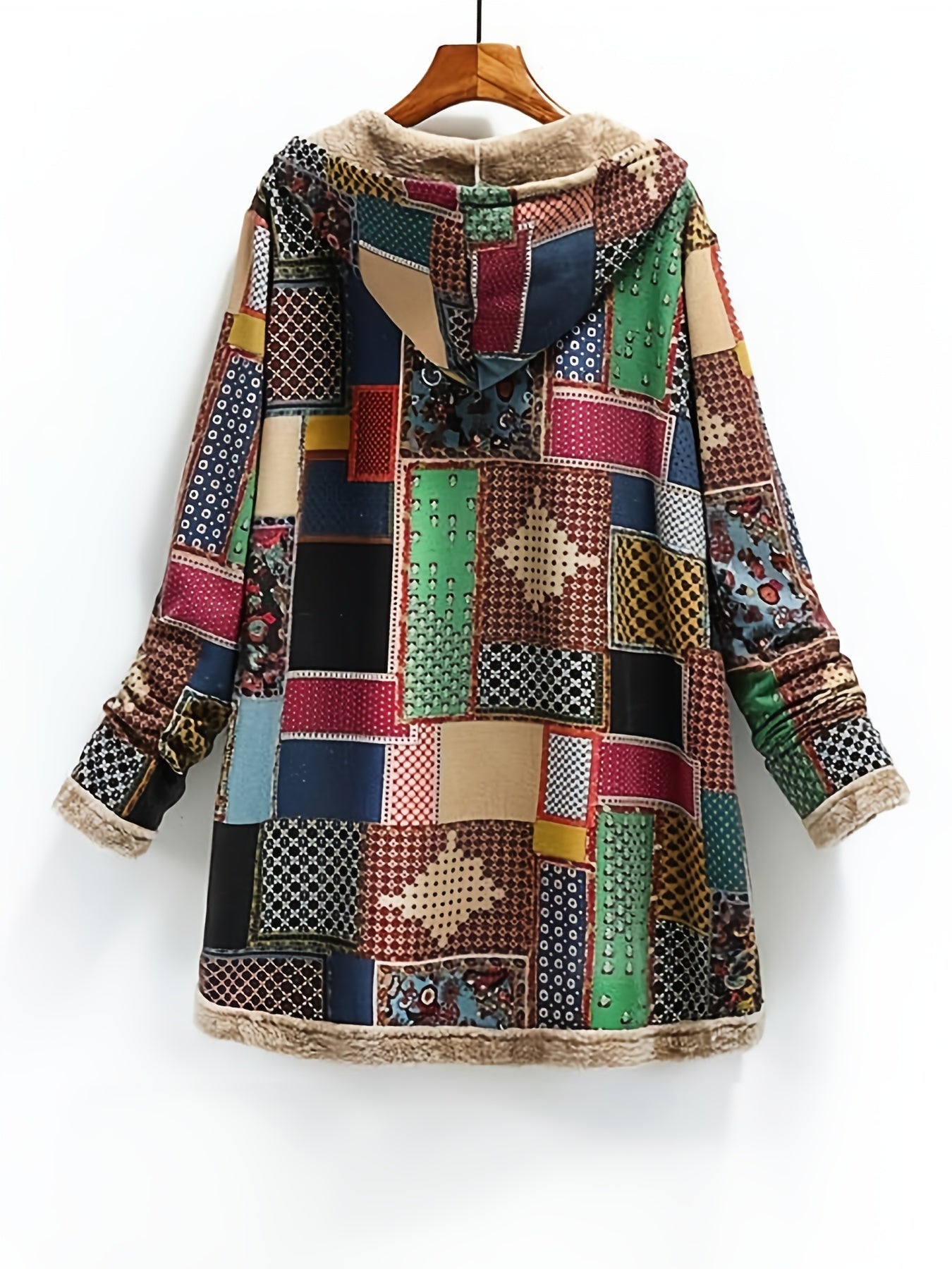 Coats - Vintage Patchwork Printed Long Sleeve Button-Up Hooded Coat - MsDressly