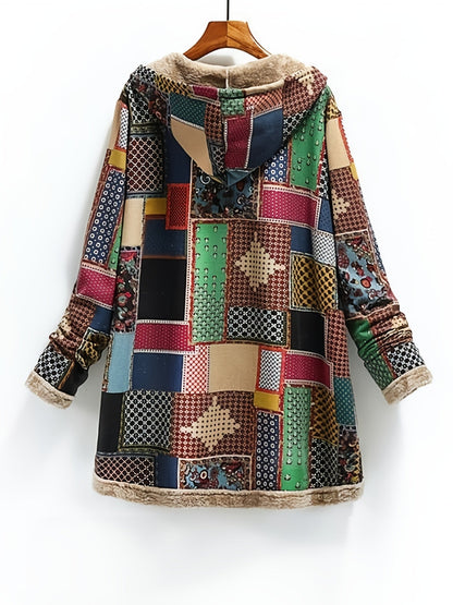 Coats - Vintage Patchwork Printed Long Sleeve Button-Up Hooded Coat - MsDressly