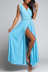 Amsoin V Neck Sleeveless Back Criss Cross High Slit Maxi Party Dress