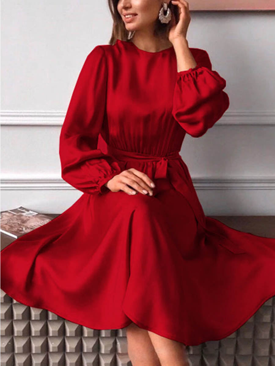 Amsoin Lantern Sleeve Tie Waist Swing Satin Dress