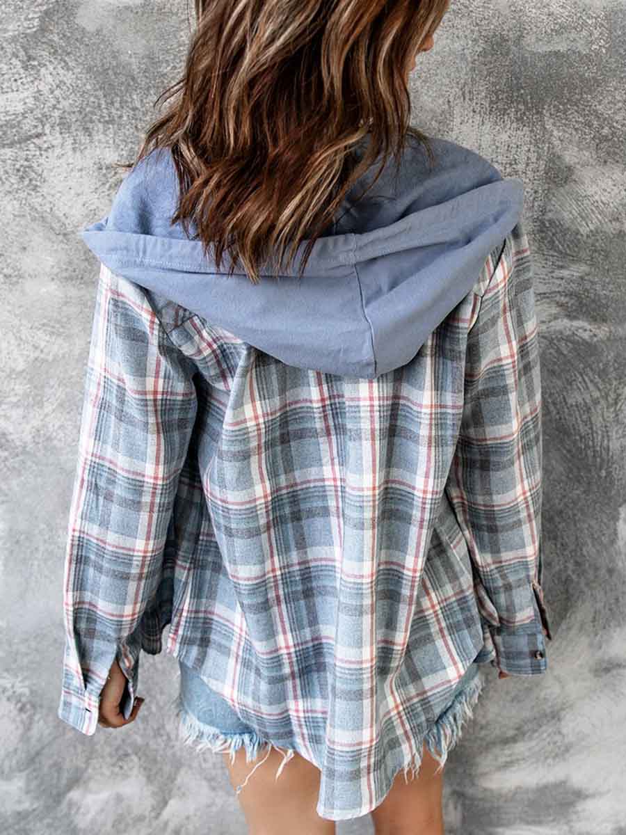 Amsoin Loose Hooded Plaid Tops