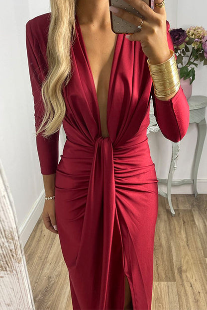 Amsoin Deep V Neck Ruched Slit Maxi Bodycon Dress