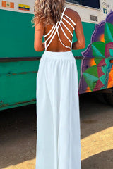 Amsoin Solid Criss Cross Backless Maxi Cami Dress