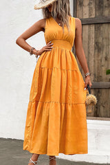 Amsoin V Neck Smocked Waist Sleeveless Tiered Dress