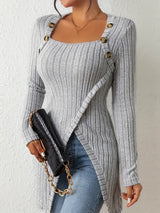 T-Shirts - Casual Ribbed Button Decor Asymmetrical Hem Long Sleeve T-Shirt - MsDressly