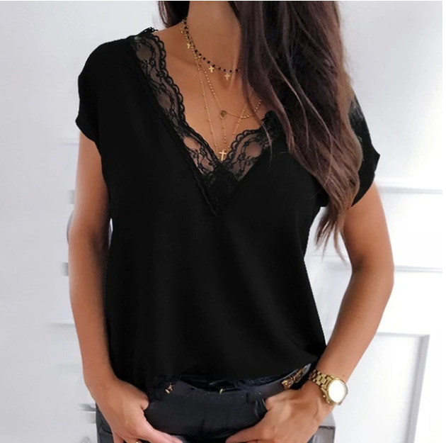 Amsoin V-neck Lace Stitching Short Sleeve T-shirt